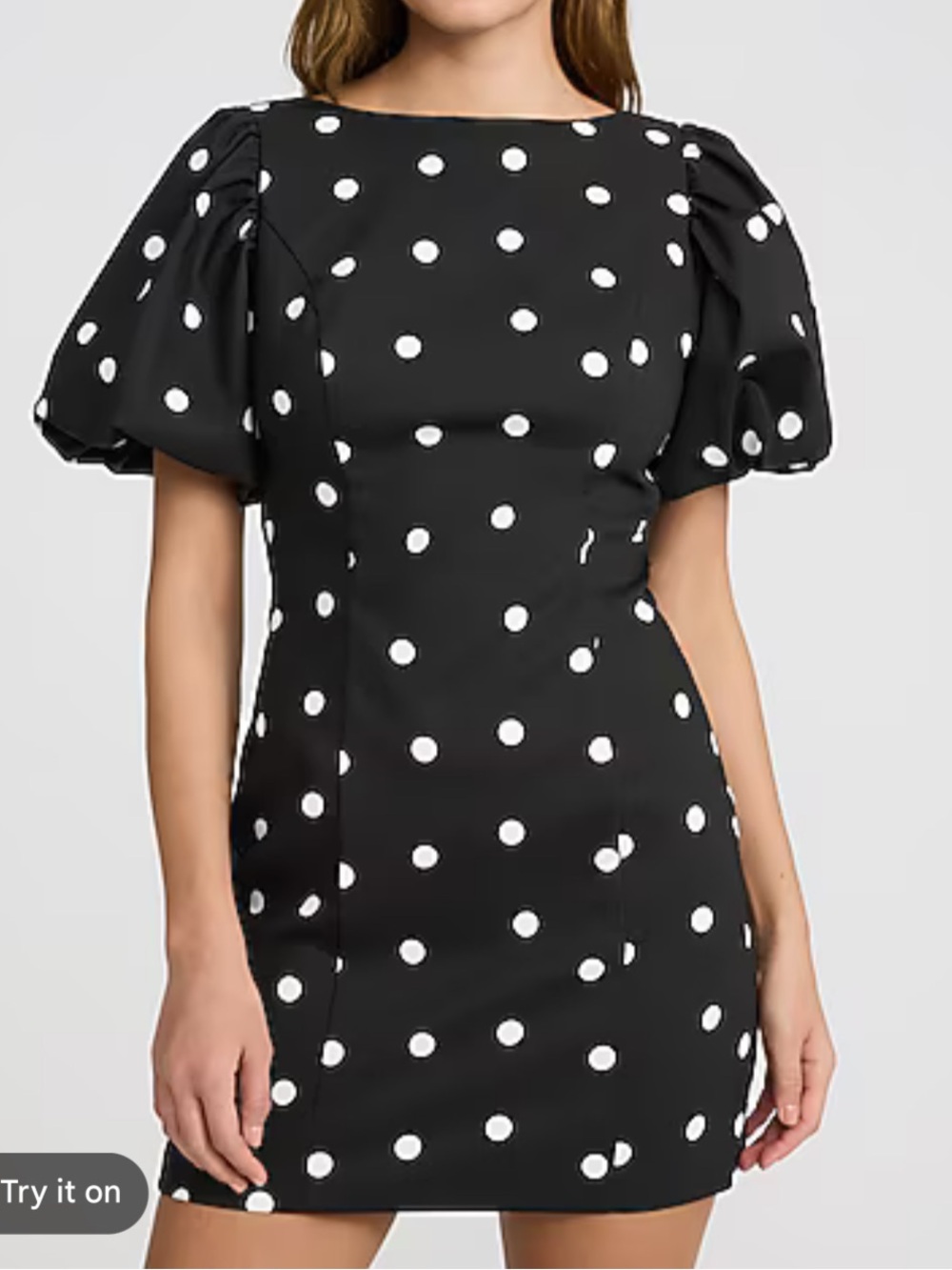 NWT Express Black Polka Dot Stretch Cotton Puff Sleeve Mini Dress - Picture 2 of 3